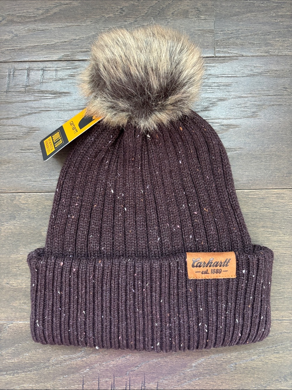 Carhartt 80% Wool Faux Fur Pom-Pom cuffed beanie,logo patch,winter warm